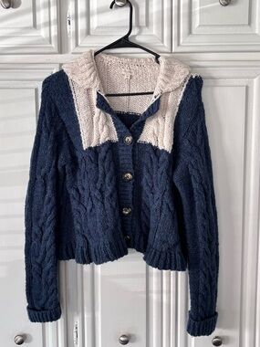 Pilcro Navy and Cream Shawl-Collar Cable Knit Cardigan sz XXS